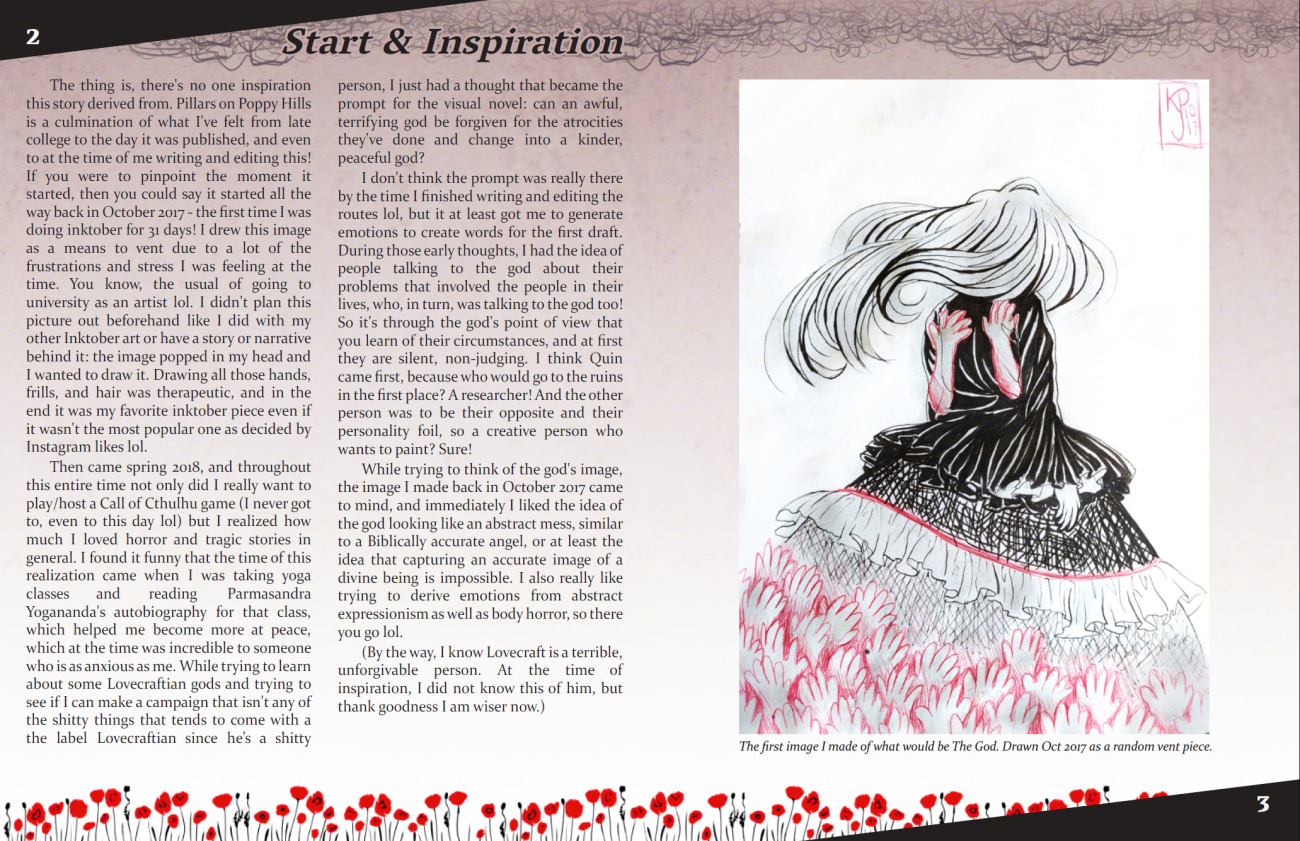 

                <font size ='5'><b><i>Pillars on Poppy Hills</b> Artbook: Sample Page 1</i> <p></font>
                Layout and Art by <a href='index.html'>Knickknack PJ</a> <p>
                <a href='https://knickknackpj.itch.io/pillarsonpoppyhills'>★Play <i>Pillars on Poppy Hills</i> Here★</a>